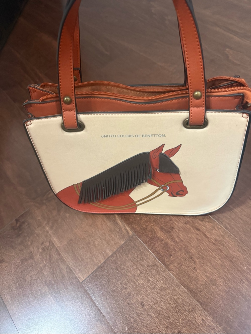 United Colors Of Benetton Cream and Orange Horse Tote Bag
